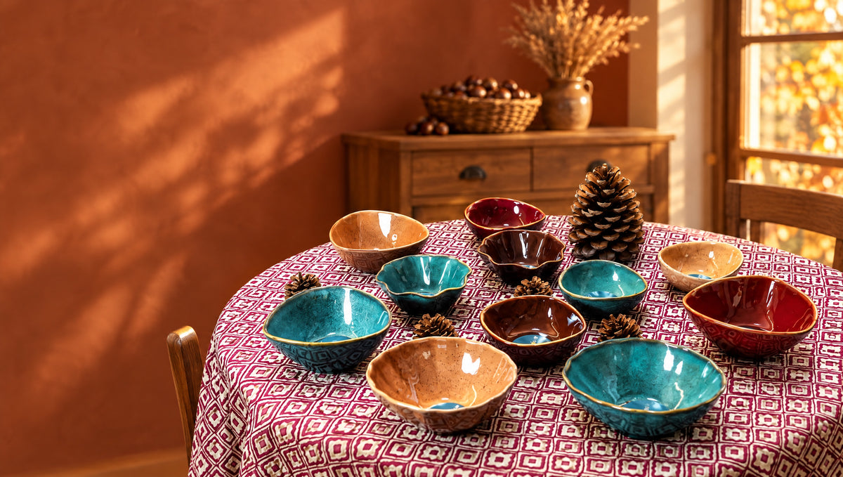 Boles Shizen Terra sobre mantel burdeos con piñas