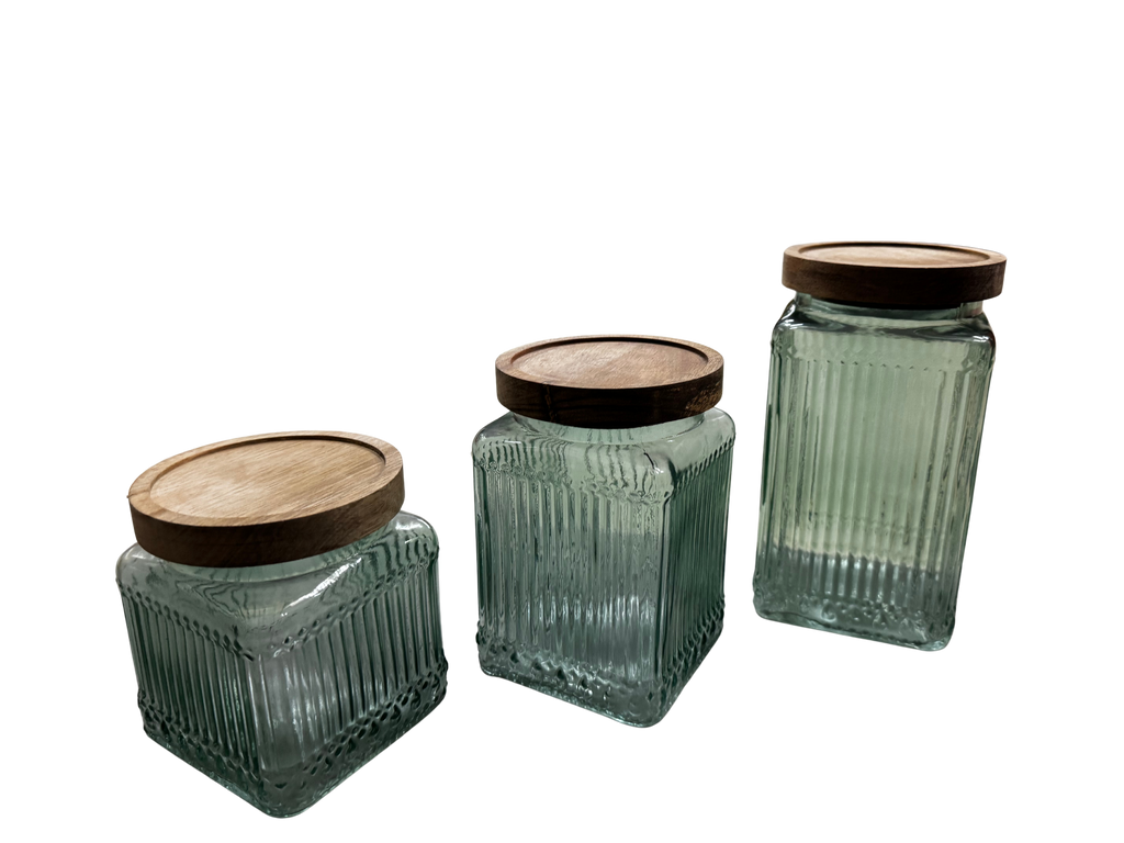 BOTES DE VIDRIO VERDE CON TAPA DE MADERA