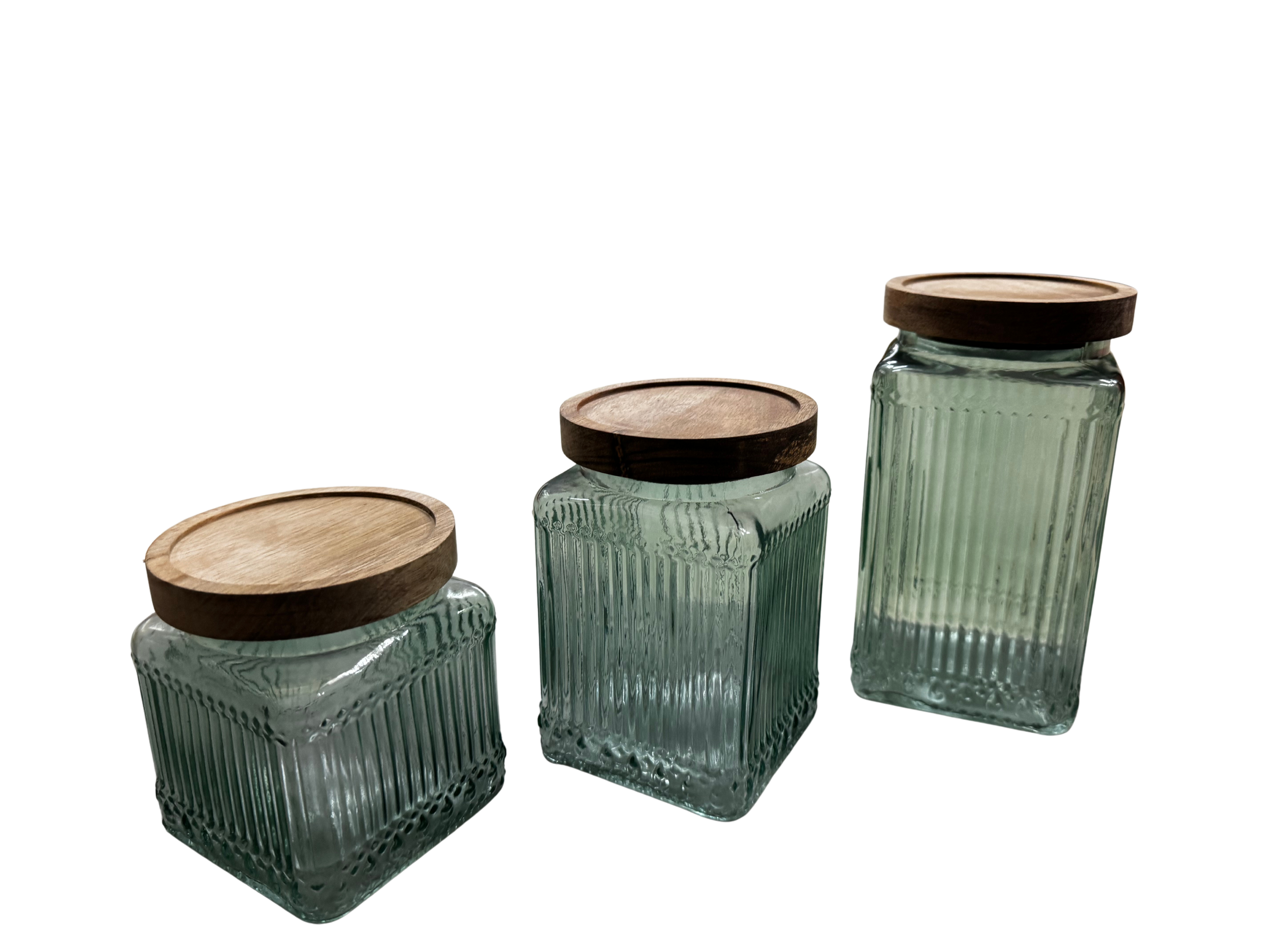 BOTES DE VIDRIO VERDE CON TAPA DE MADERA