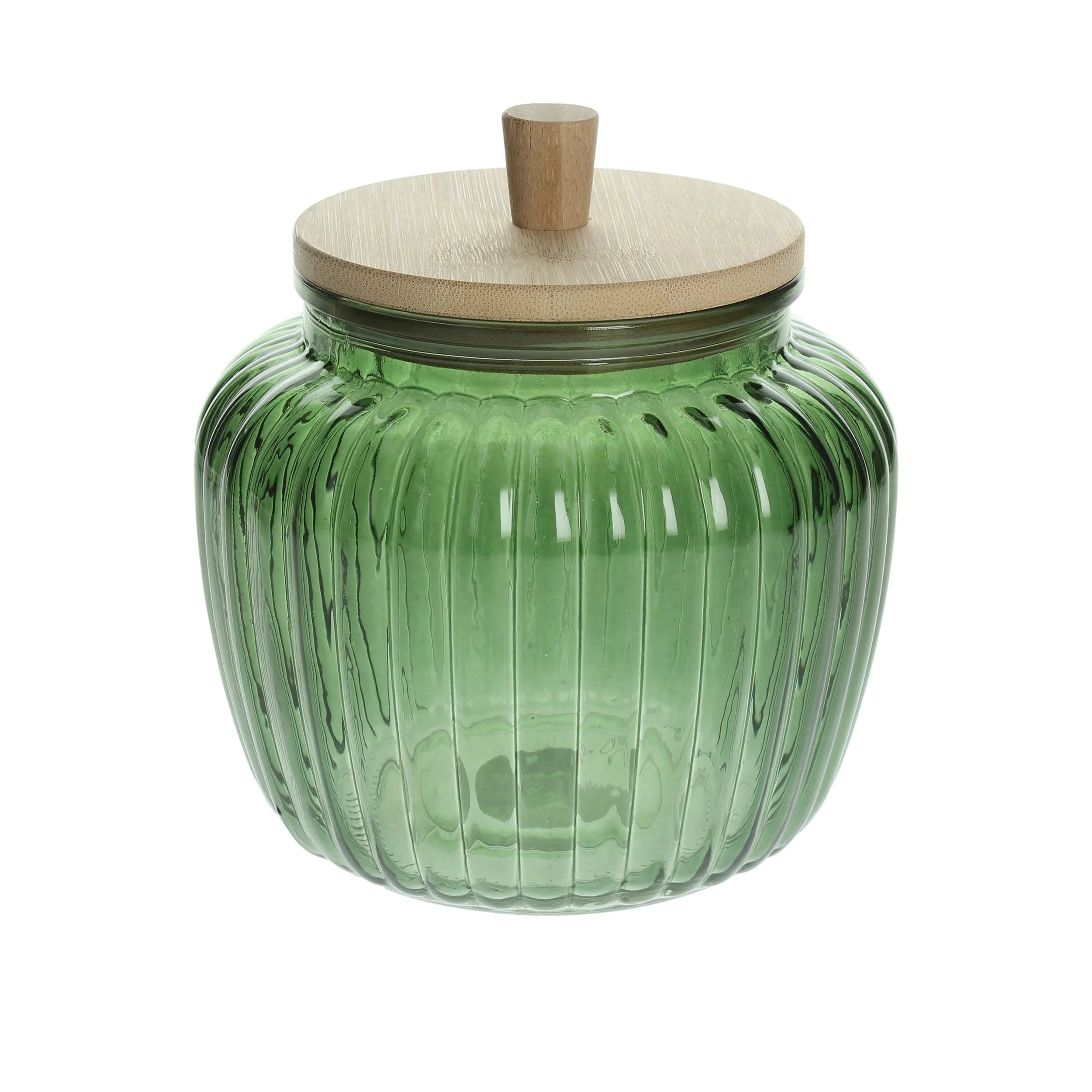 BOTE DE CRISTAL VERDE CON TAPA DE BAMBÚ