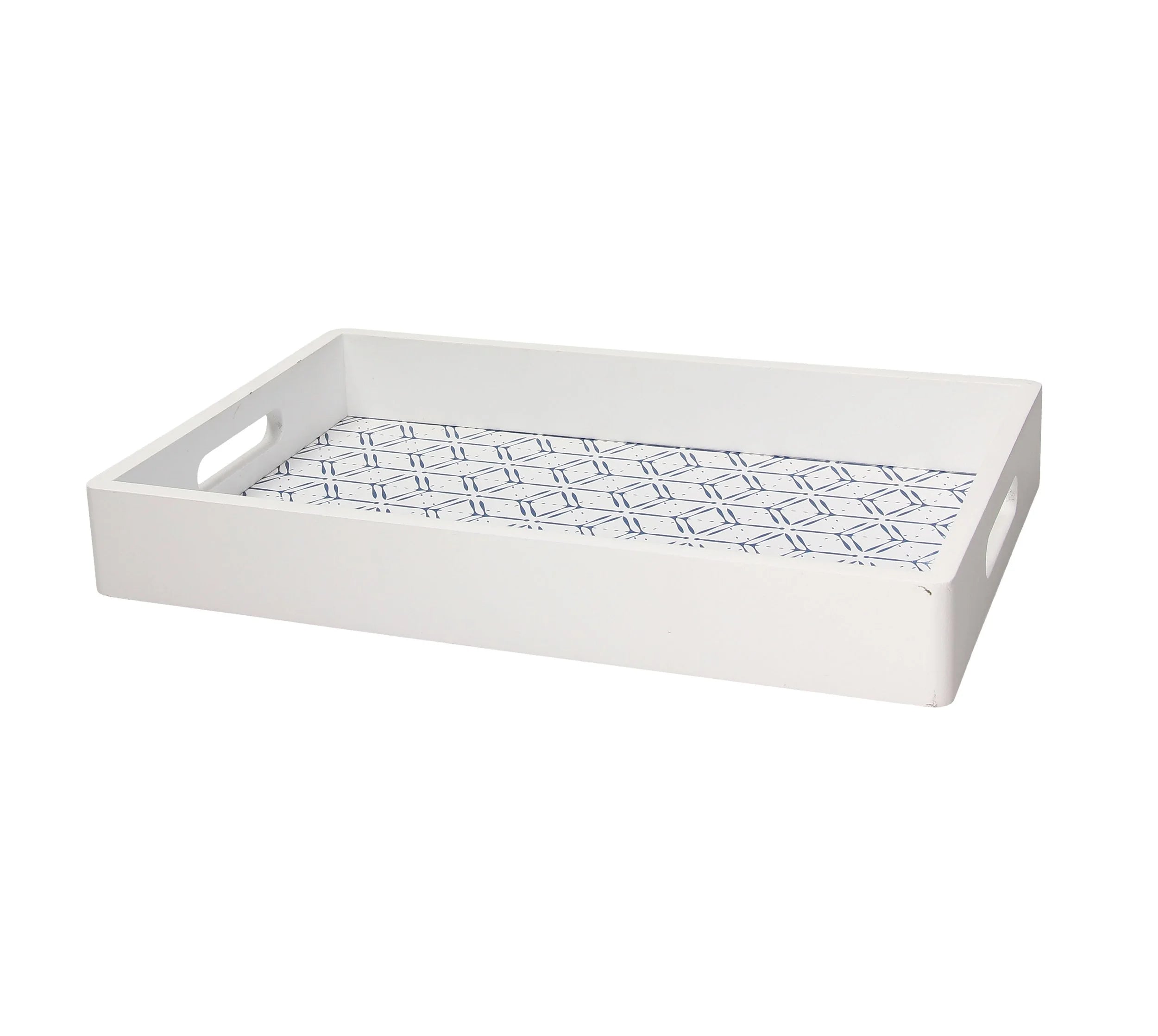 BANDEJA RECTANGULAR DE MADERA BLANCA CON FONDO DECORADO AZUL