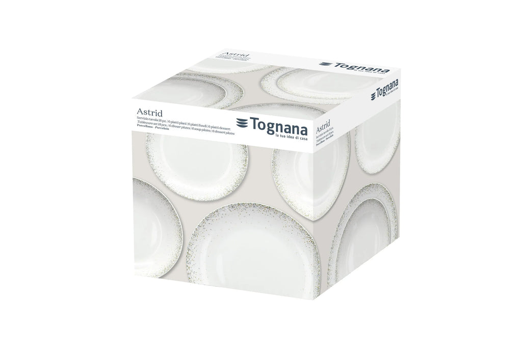 VAJILLA BLANCA ASTRID CON SALPICADO DORADO Y GRIS