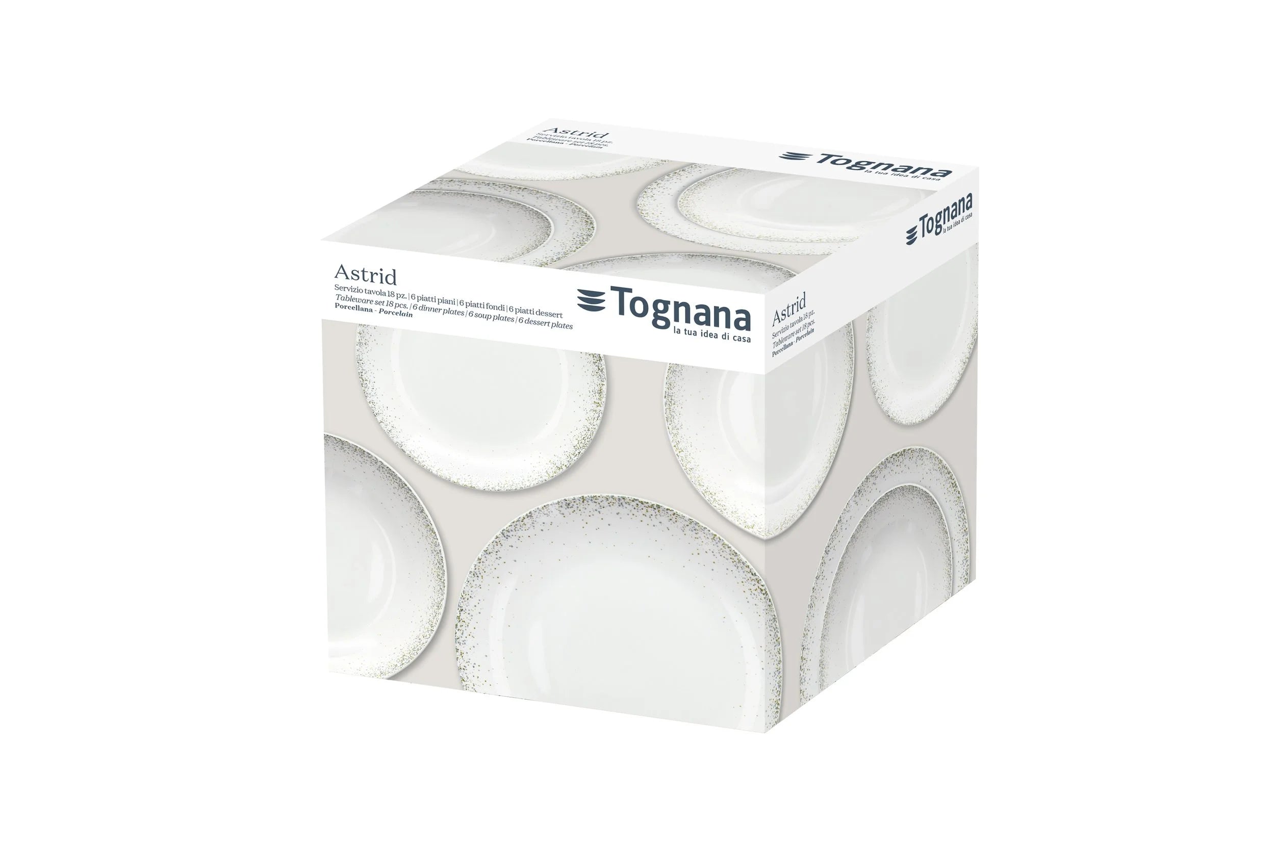 VAJILLA BLANCA ASTRID CON SALPICADO DORADO Y GRIS