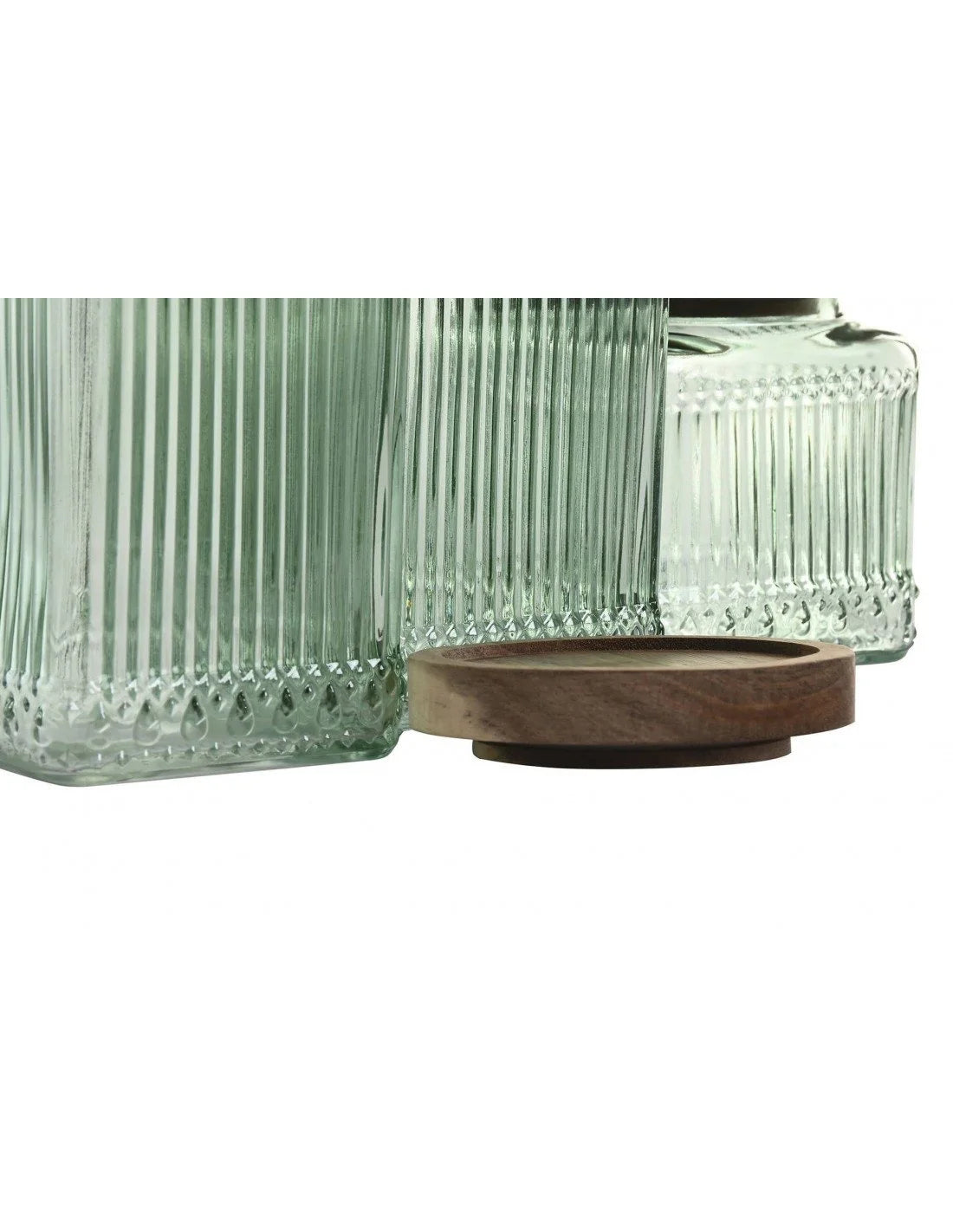 BOTES DE VIDRIO VERDE CON TAPA DE MADERA