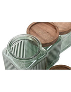 BOTES DE VIDRIO VERDE CON TAPA DE MADERA