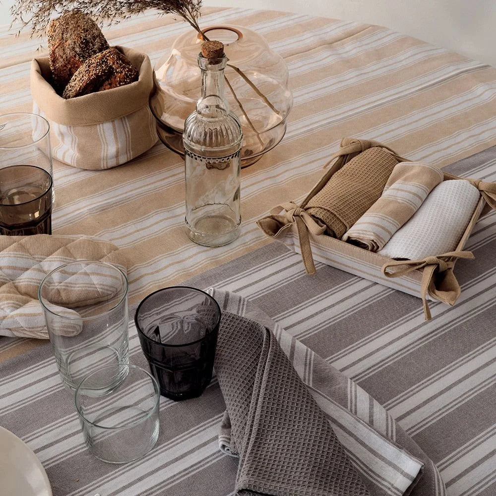MANTEL DE ALGODÓN A RAYAS BEIGE