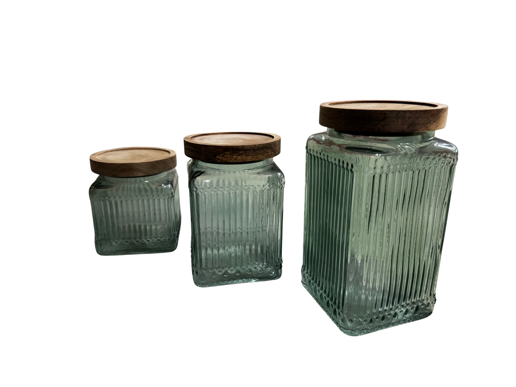 BOTES DE VIDRIO VERDE CON TAPA DE MADERA