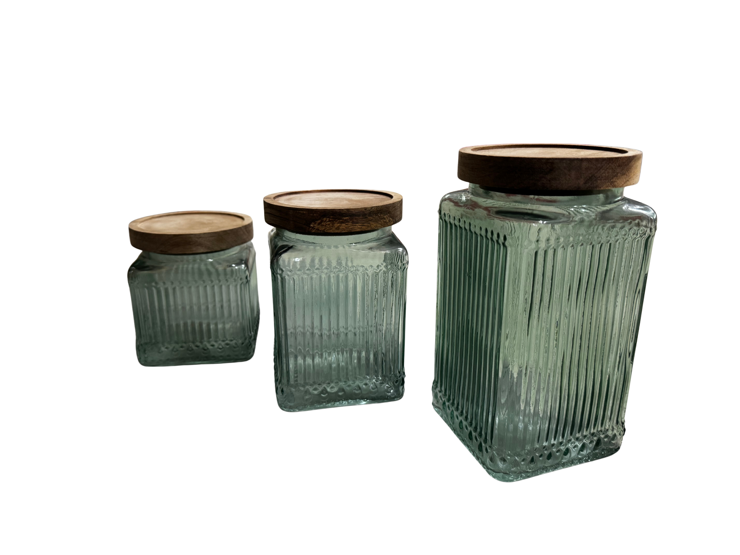 BOTES DE VIDRIO VERDE CON TAPA DE MADERA
