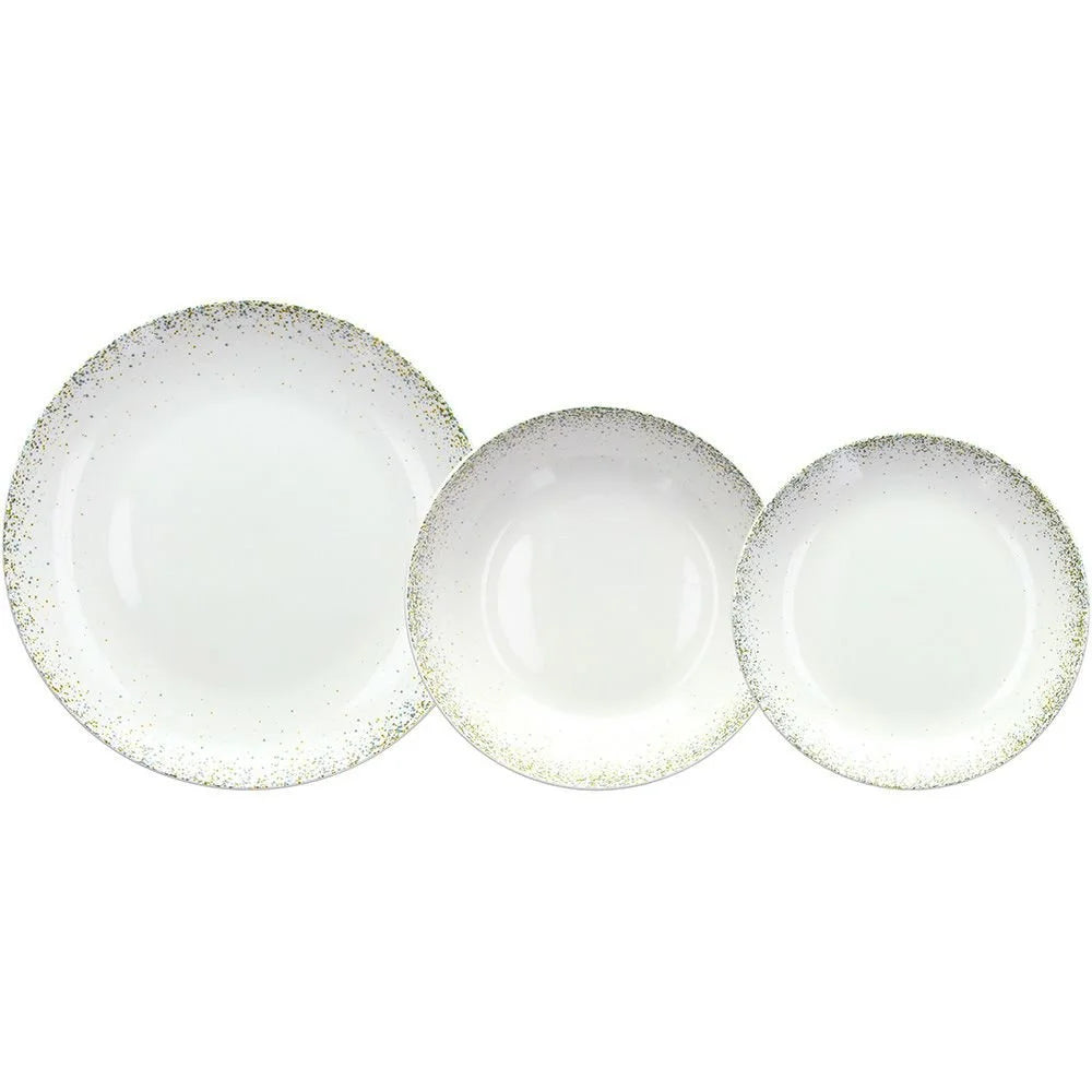 VAJILLA BLANCA ASTRID CON SALPICADO DORADO Y GRIS