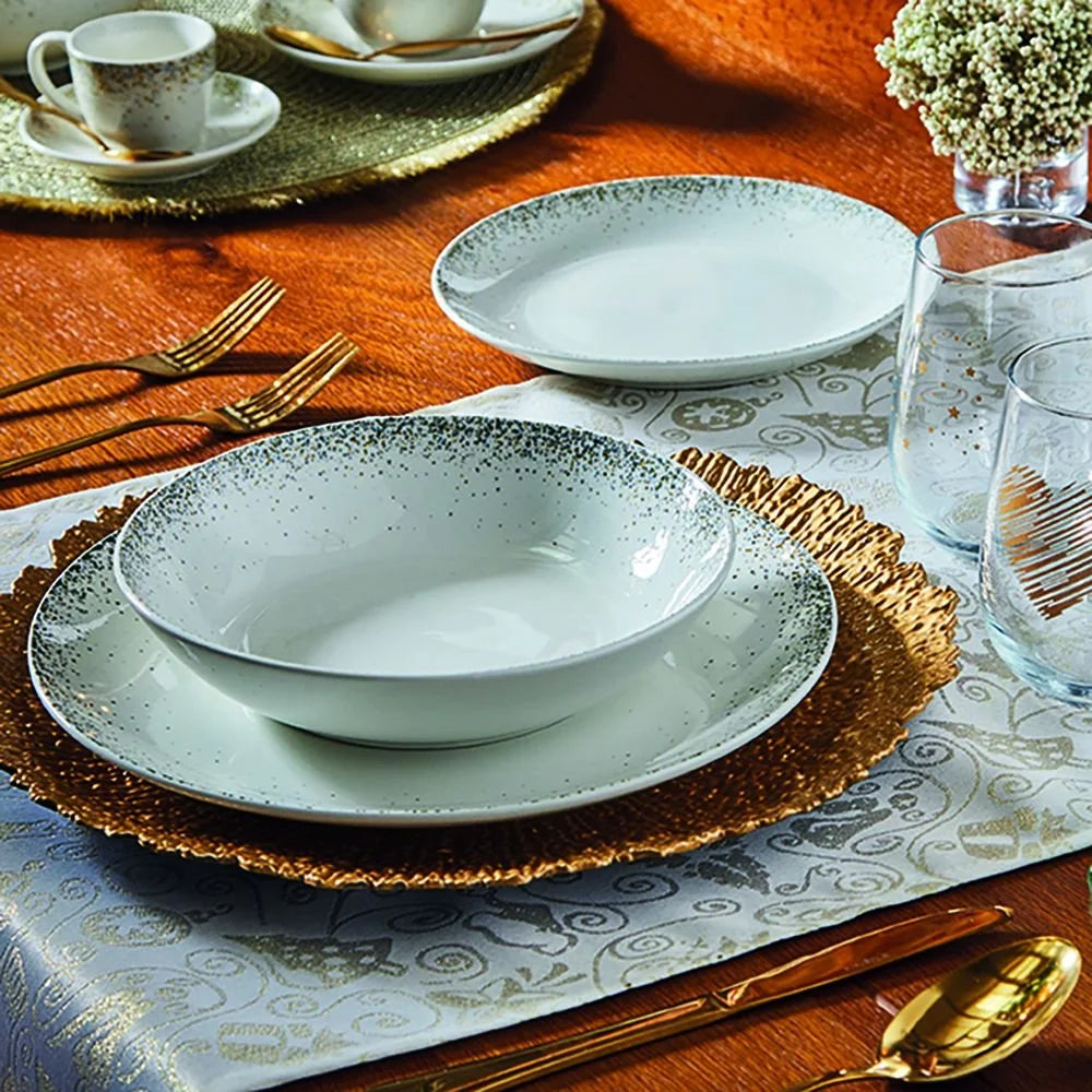 VAJILLA BLANCA ASTRID CON SALPICADO DORADO Y GRIS