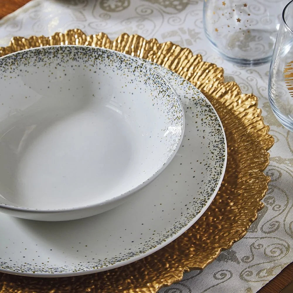 VAJILLA BLANCA ASTRID CON SALPICADO DORADO Y GRIS
