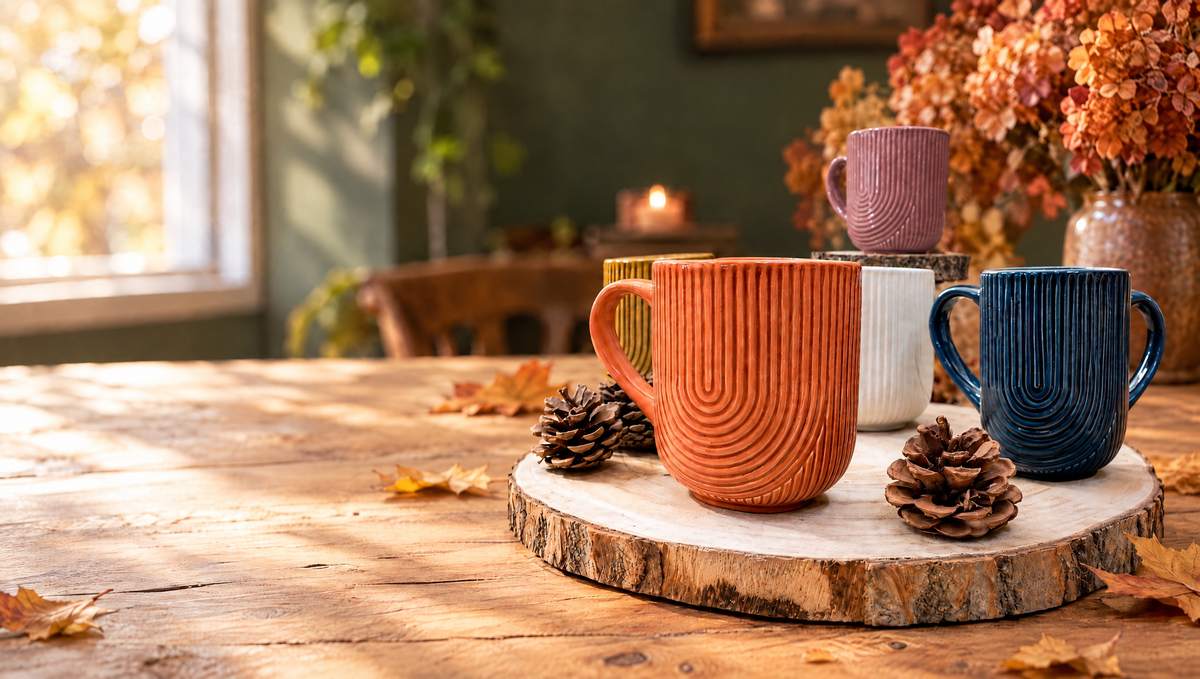 Tazas Madrid Arlena entre piñas, en una mesa de otoño