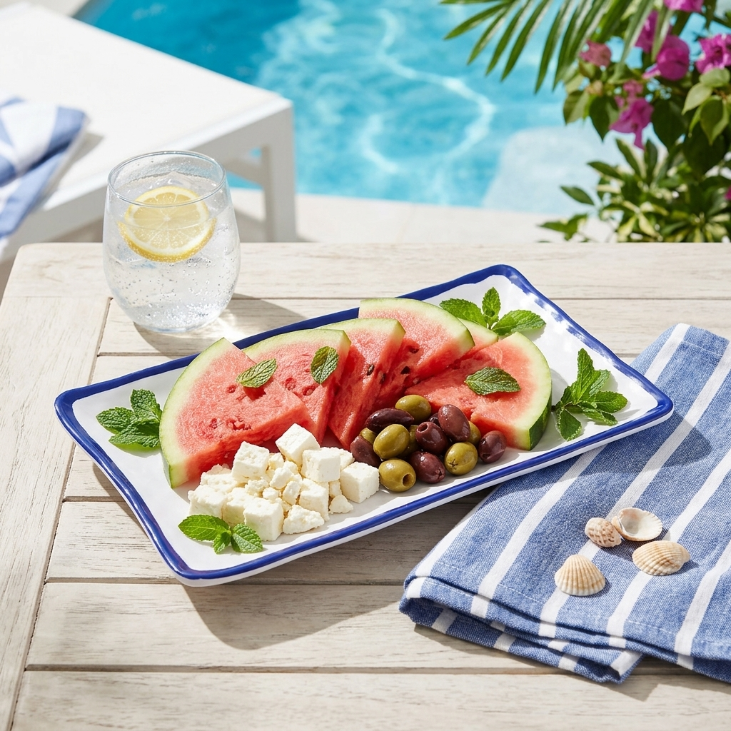 Plato rectangular de melamina 27 cm en mesa de verano