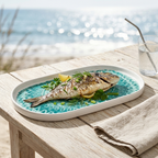 Plato ovalado de melamina Azumar con pescado a la brasa