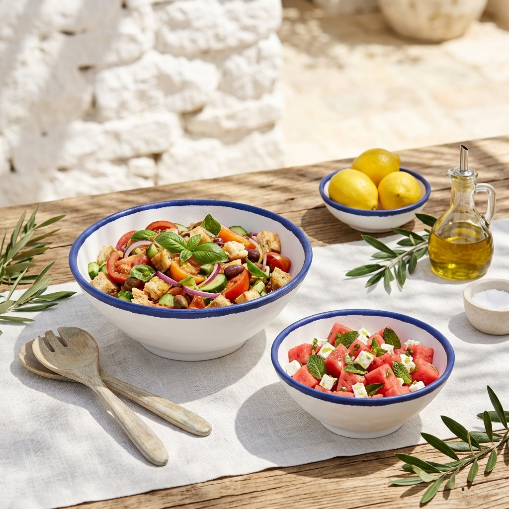 Ensaladeras de melamina borde azul en mesa de verano