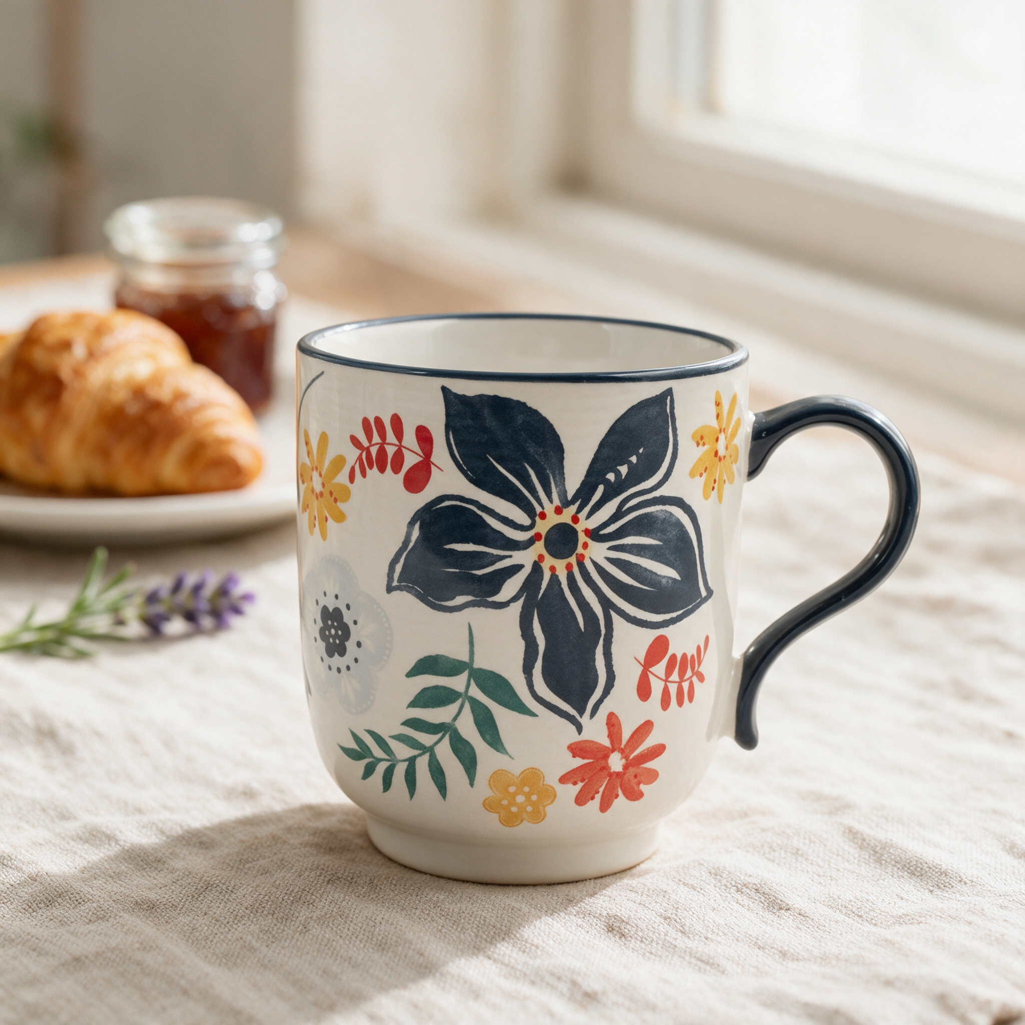 Mug Creamtea en mesa de desayuno de verano
