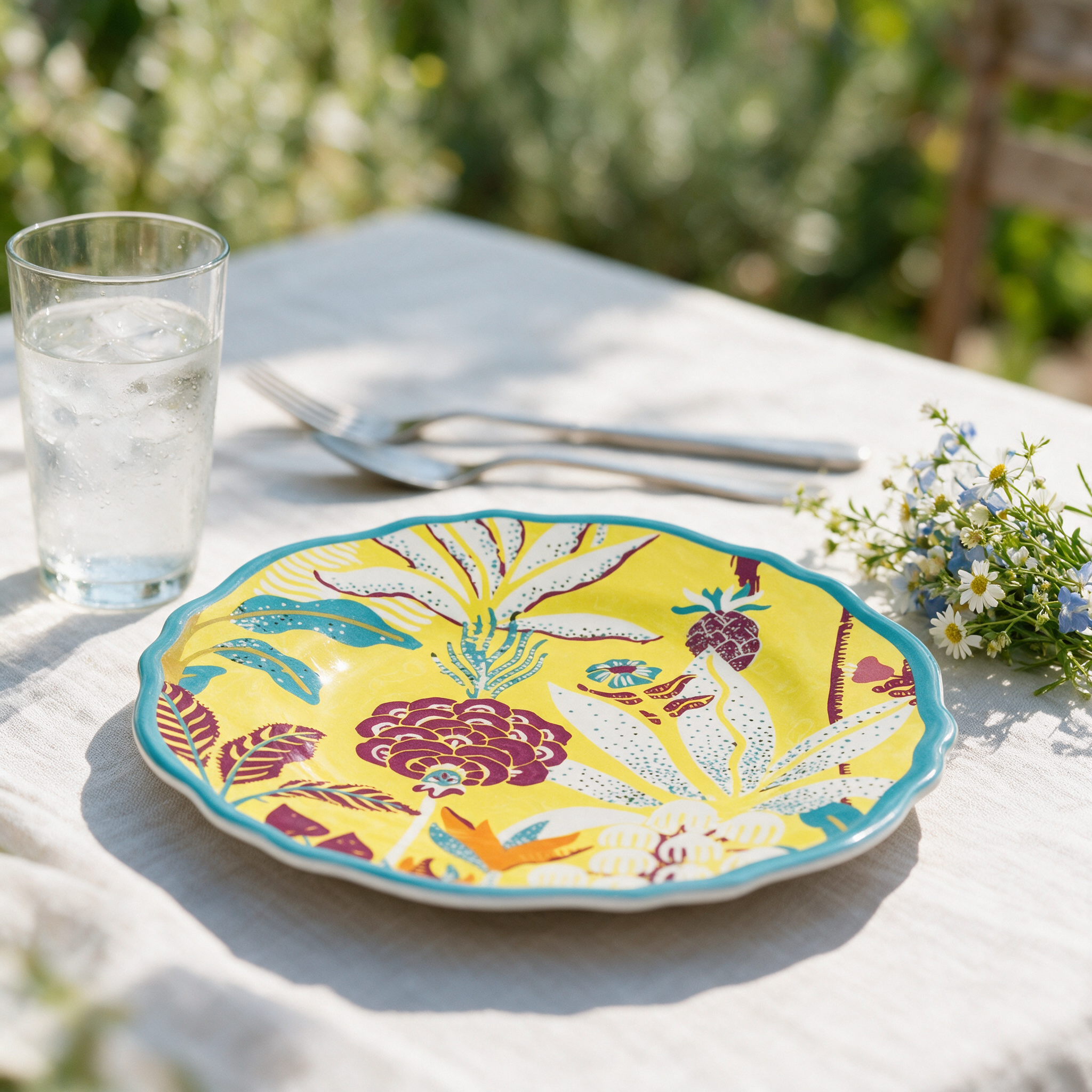 Plato Blossom llano en mesa de verano