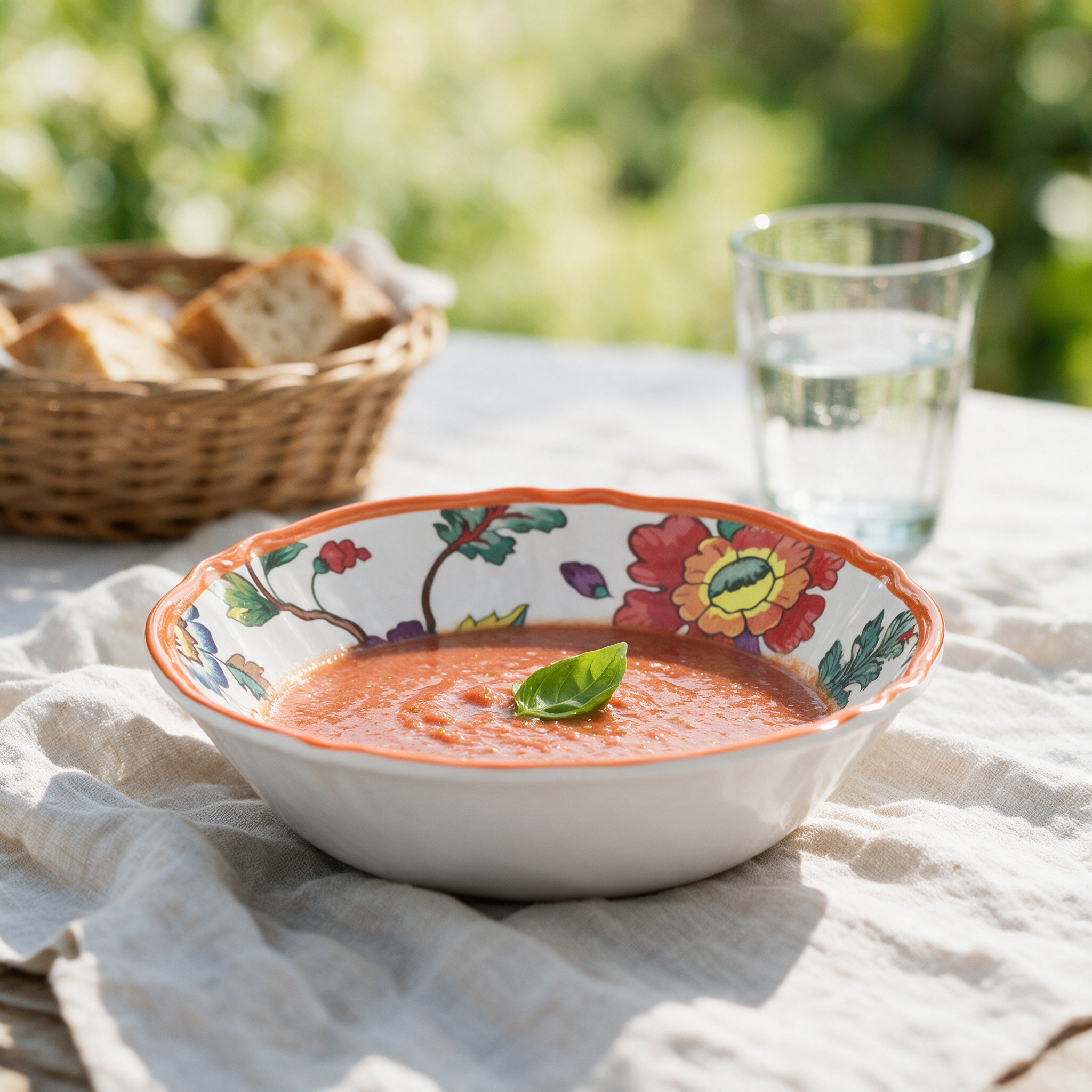 Plato Blossom hondo en mesa de verano