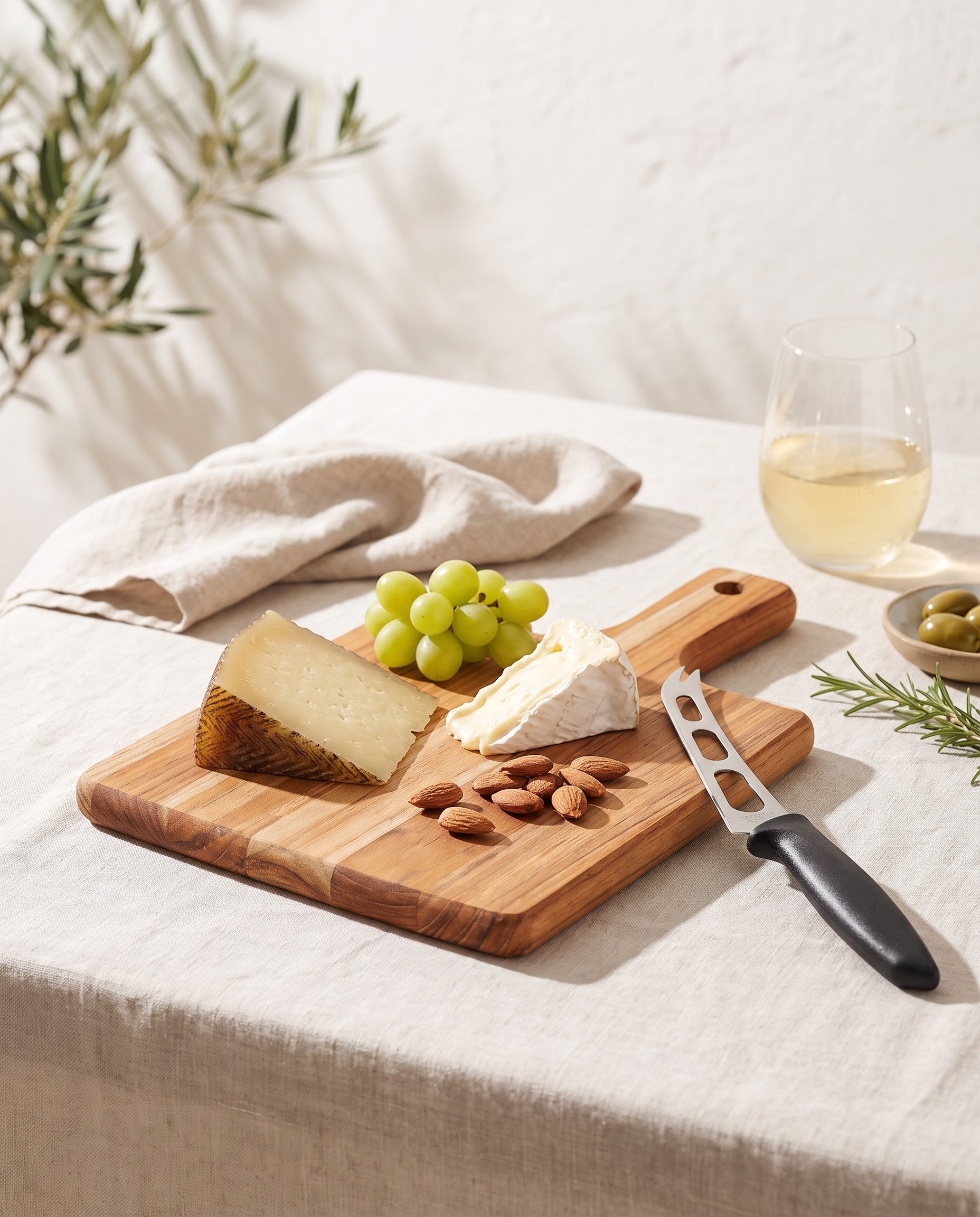 Tabla de teca con cuchillo para queso y tabla de quesos en una mesa de verano