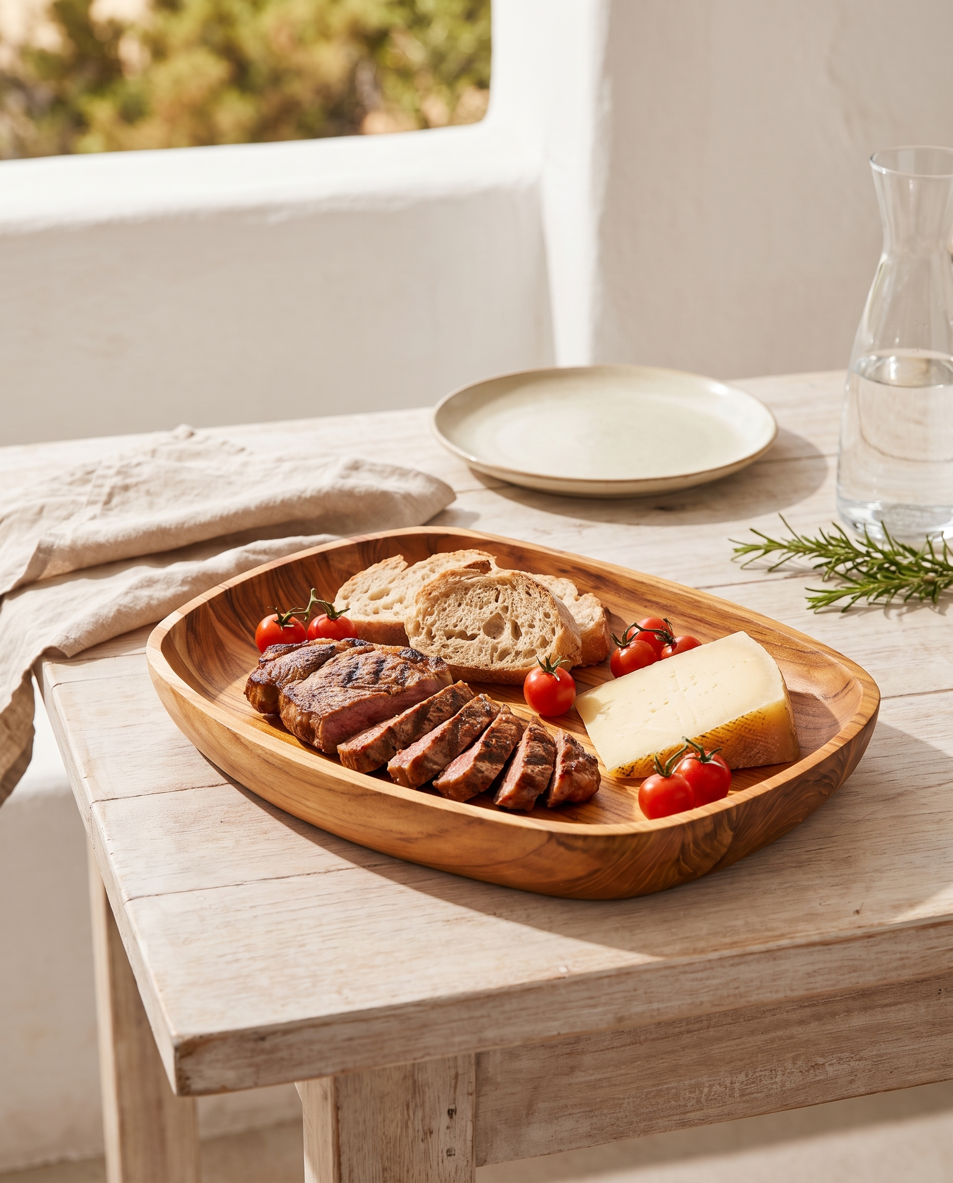 Bandeja de teca Churrasco Premium con carne y pan en una mesa de verano
