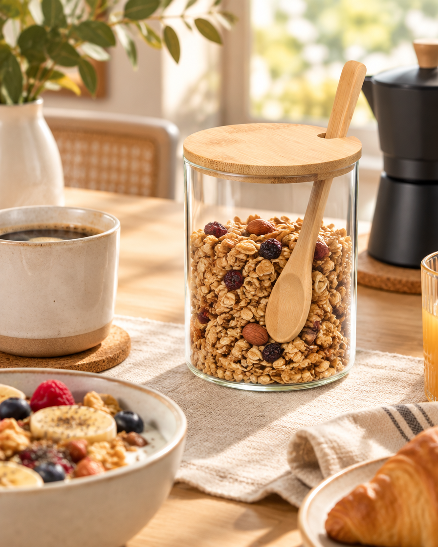 AZUCARERO DE VIDRIO BOROSILICATO CON TAPA DE BAMBÚ 500ML · foto 2