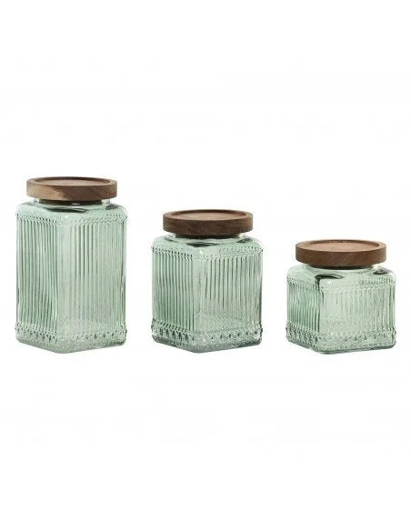 BOTES DE VIDRIO VERDE CON TAPA DE MADERA